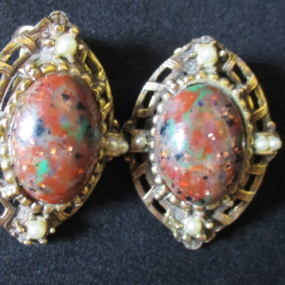 Vintage Multicolored Stone Cabochon & Faux Pearls Gold Tone Clip On Earrings